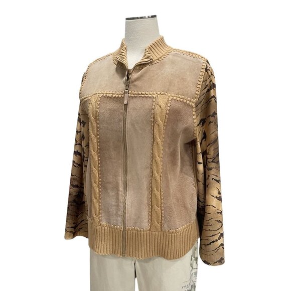 Designers Studio Suede & Knit Jacket L Ramie Acrylic Womens Beige - Picture 10 of 12